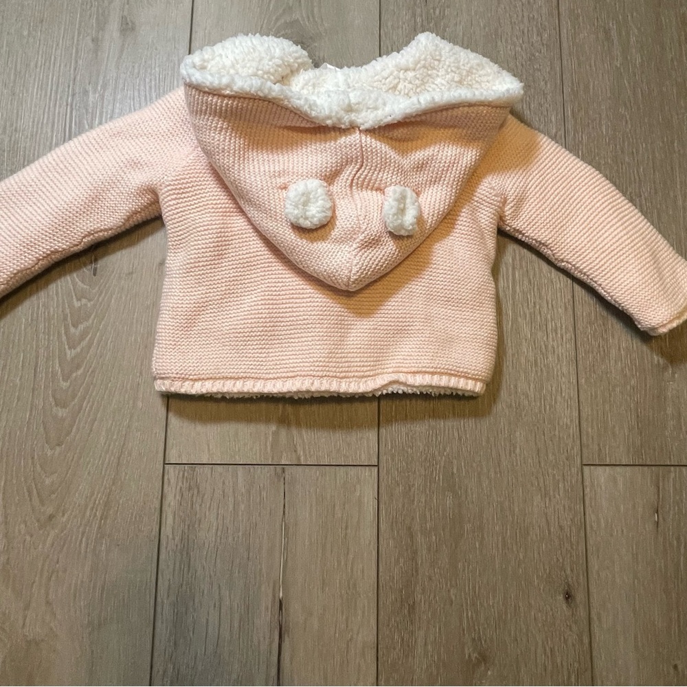 Carter's 12M‎ Baby Girl Pink Knit Sherpa Lined Hooded Cardigan Jacket Bear Ears - Picture 6 of 8